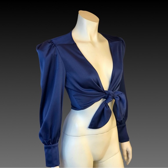 WAYF Navy Blue Satin Tie Front Cropped Shirt Jacket M NWT - Picture 3 of 10